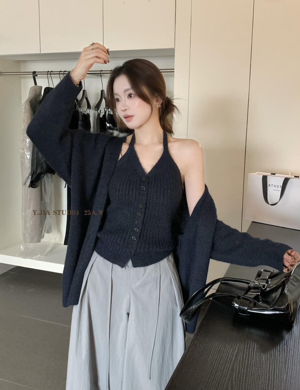 Sling halter cardigan lazy knitted coat a set