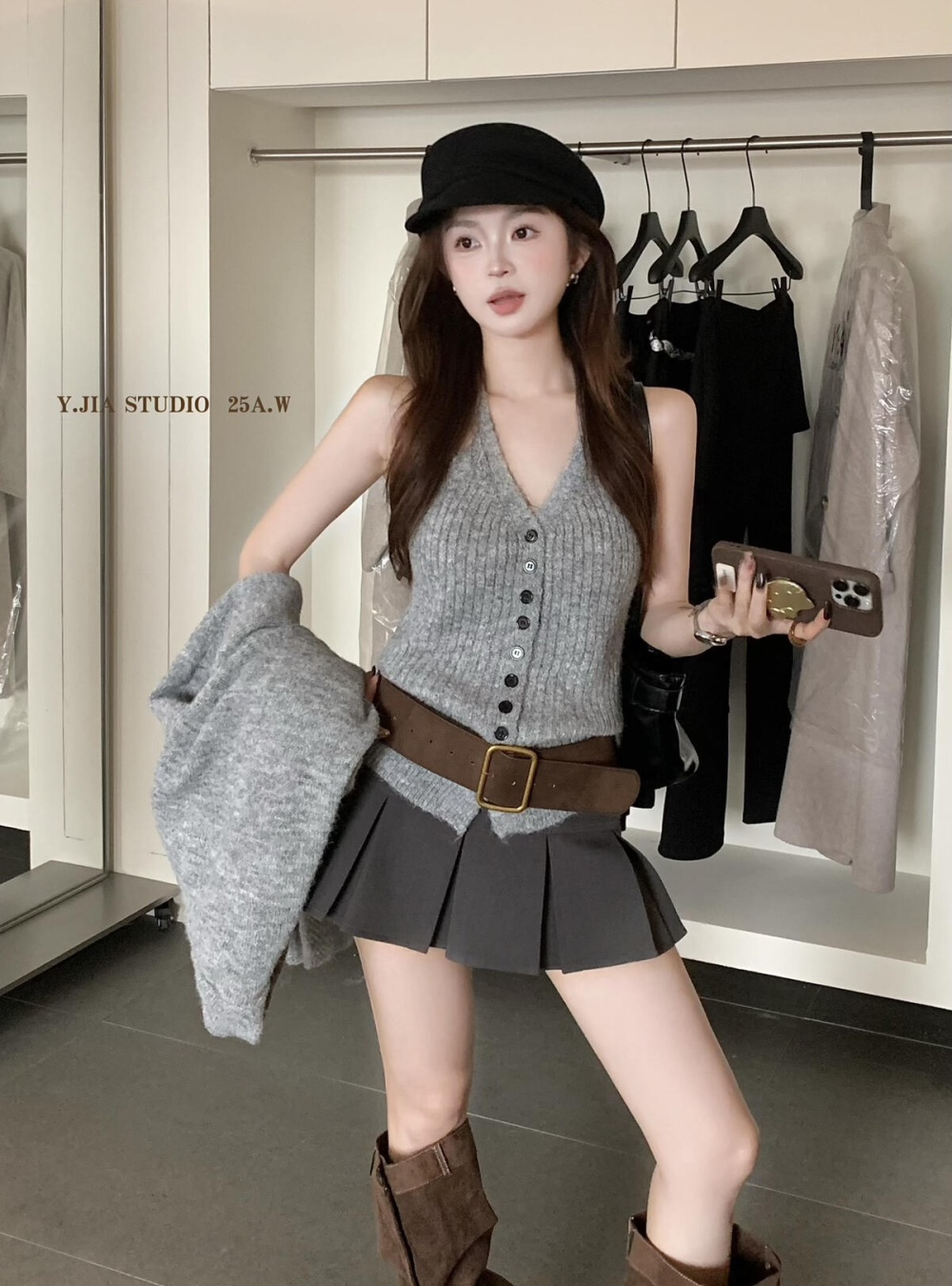 Sling halter cardigan lazy knitted coat a set