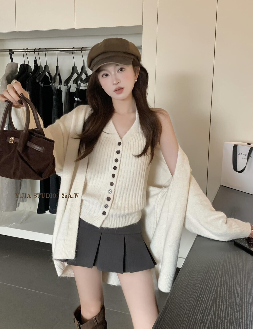 Sling halter cardigan lazy knitted coat a set