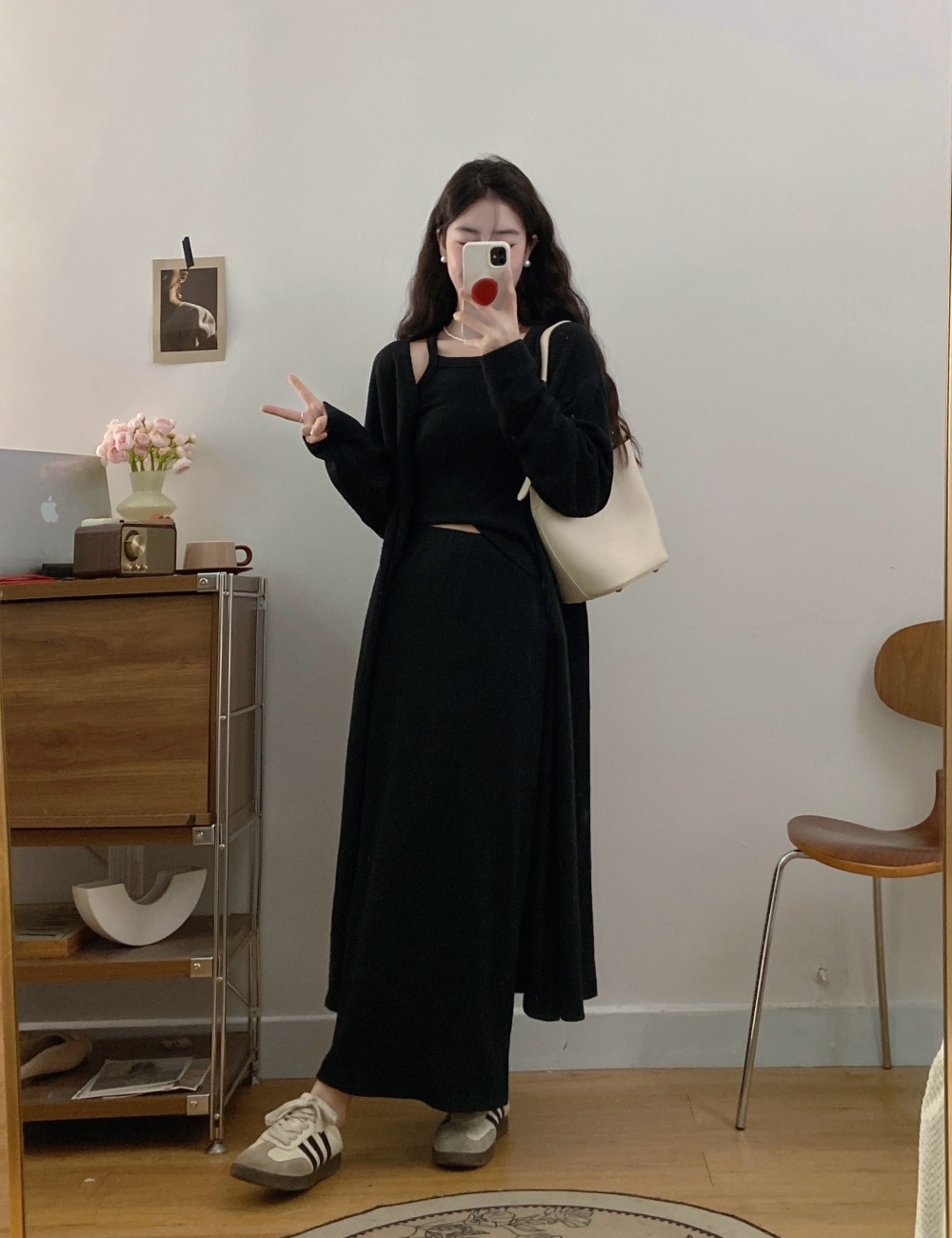 Lazy autumn cardigan long sling coat 3pcs set