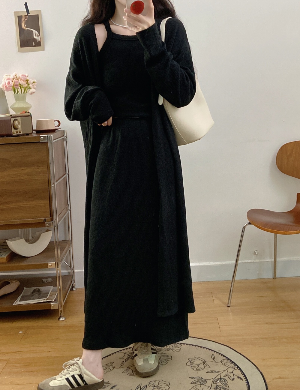 Lazy autumn cardigan long sling coat 3pcs set