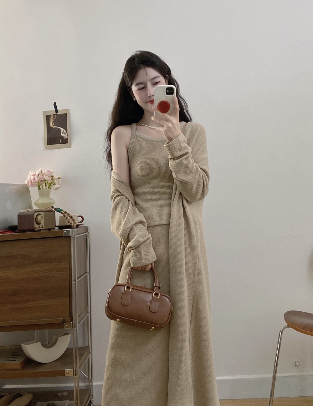 Lazy autumn cardigan long sling coat 3pcs set