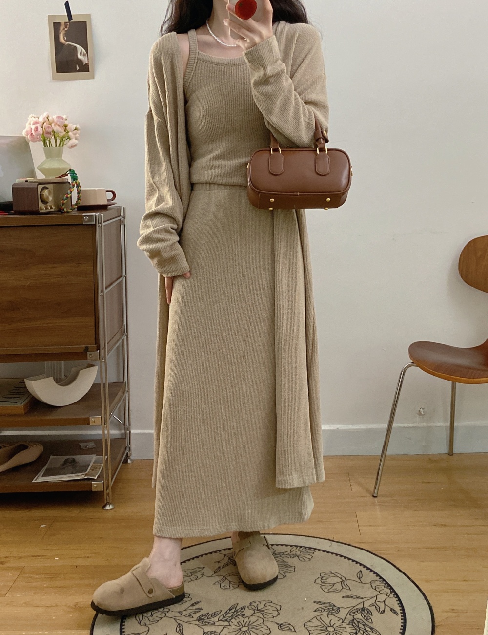 Lazy autumn cardigan long sling coat 3pcs set