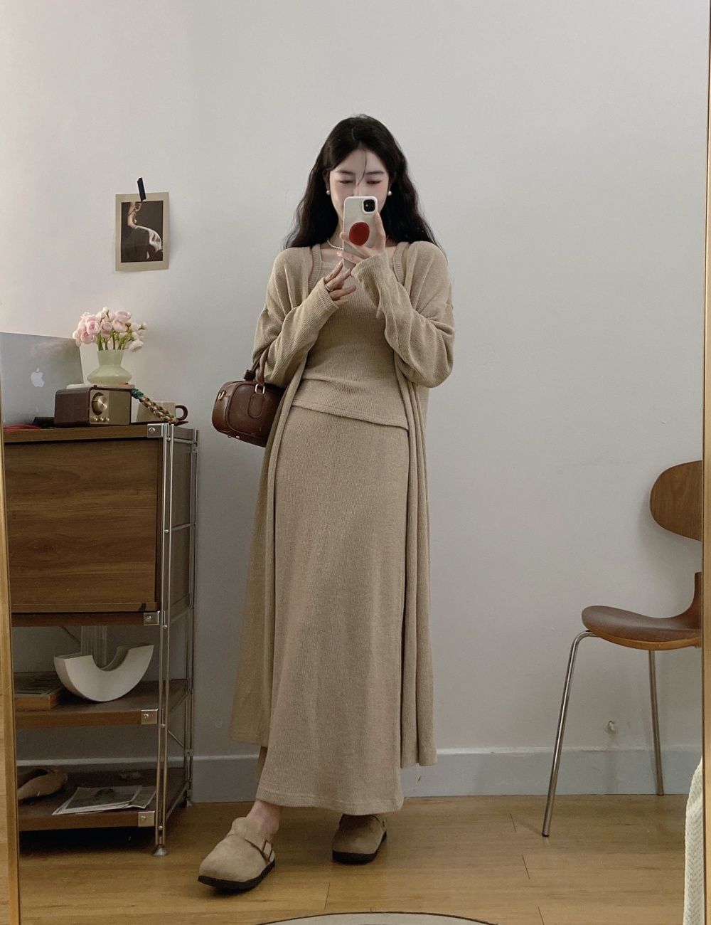 Lazy autumn cardigan long sling coat 3pcs set