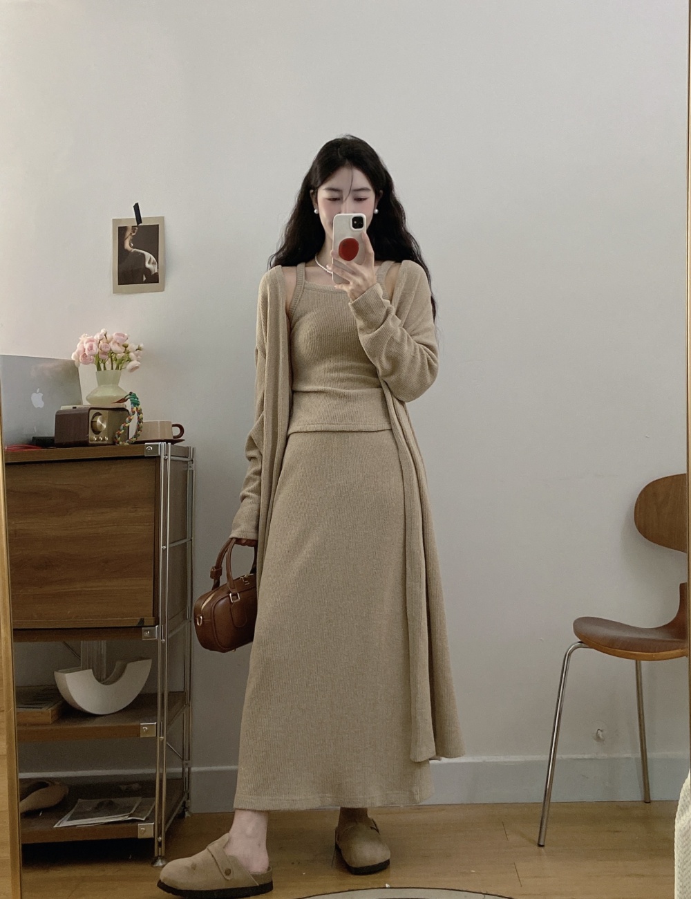 Lazy autumn cardigan long sling coat 3pcs set