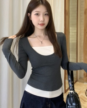 Pseudo-two bottoming splice mixed colors T-shirt