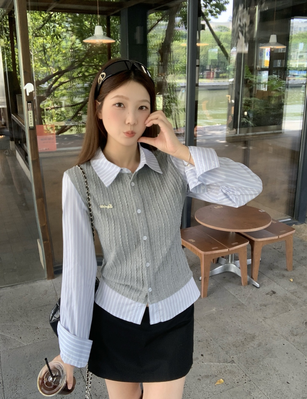 Knitted slim splice tops stripe autumn and winter shirt