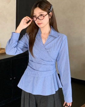 Autumn Korean style tops pinched waist stripe shirt