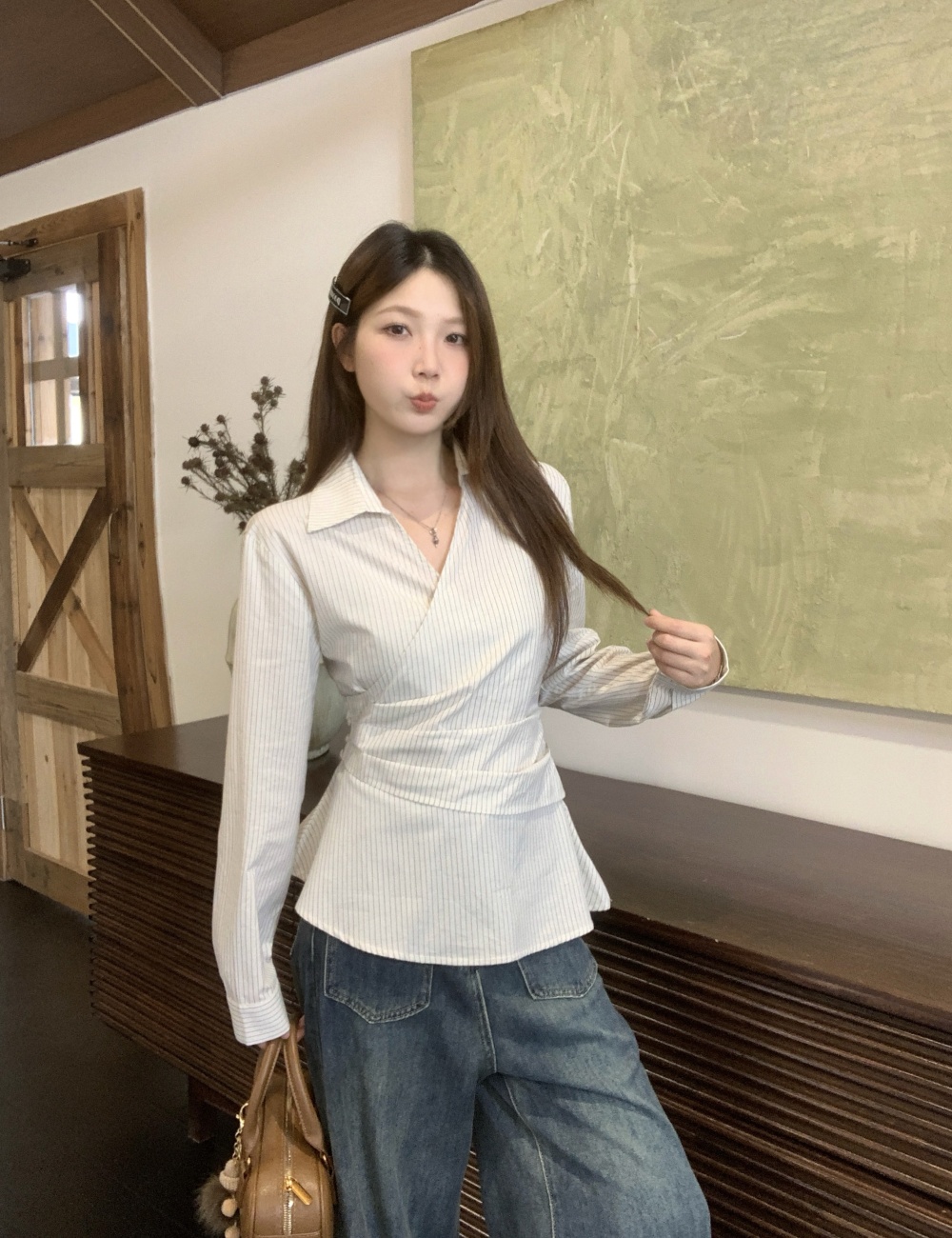 Autumn Korean style tops pinched waist stripe shirt