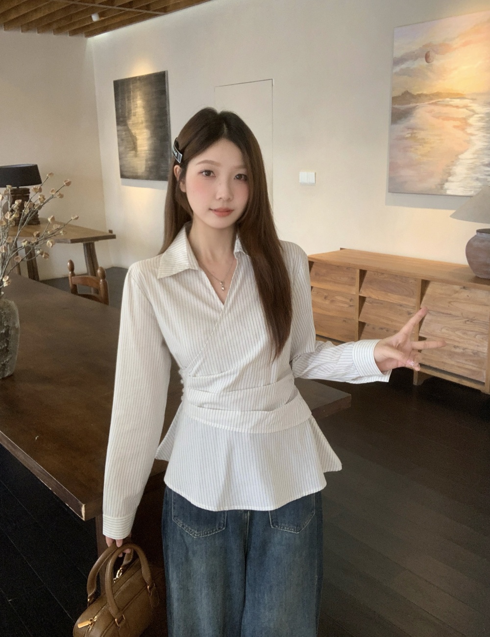 Autumn Korean style tops pinched waist stripe shirt