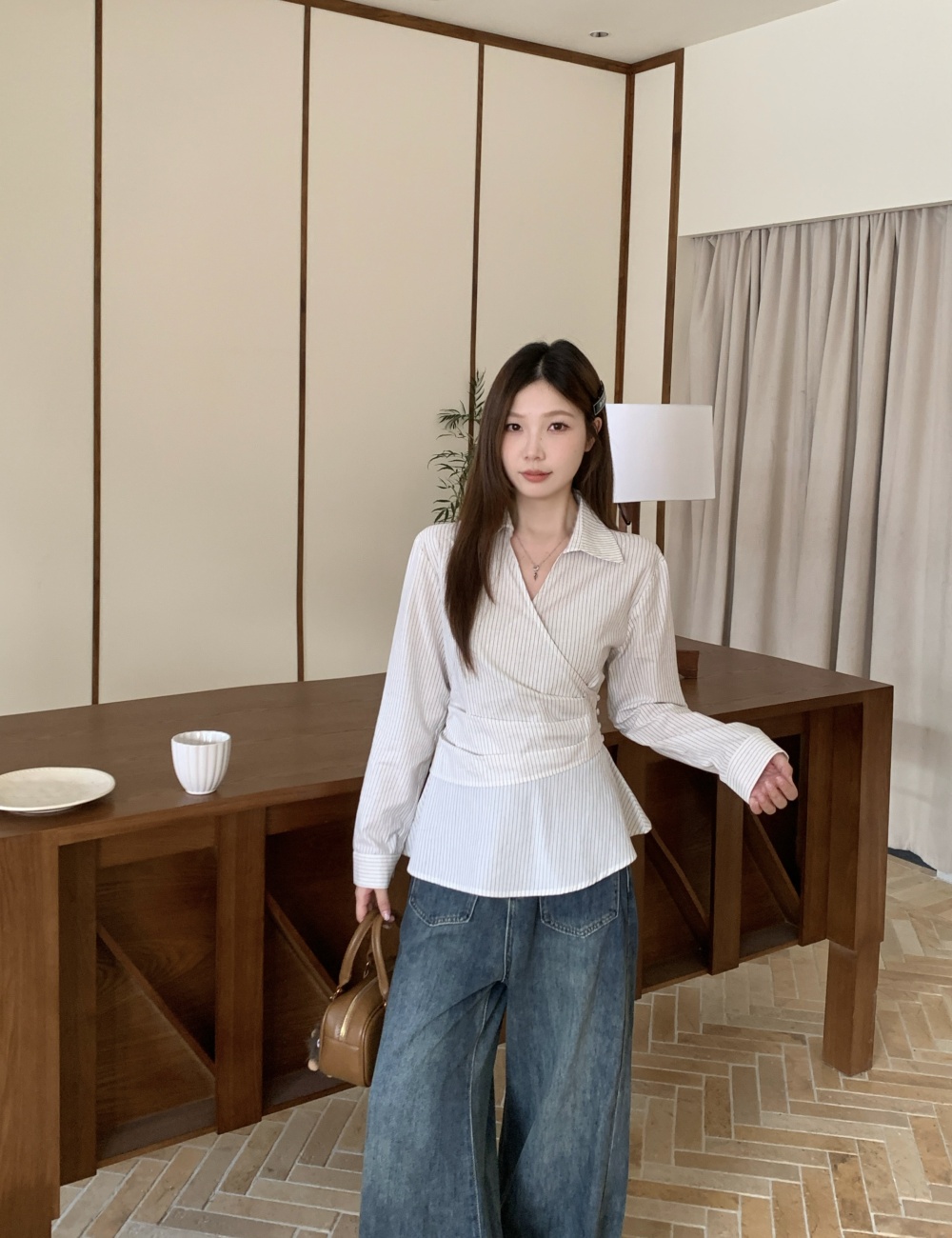 Autumn Korean style tops pinched waist stripe shirt