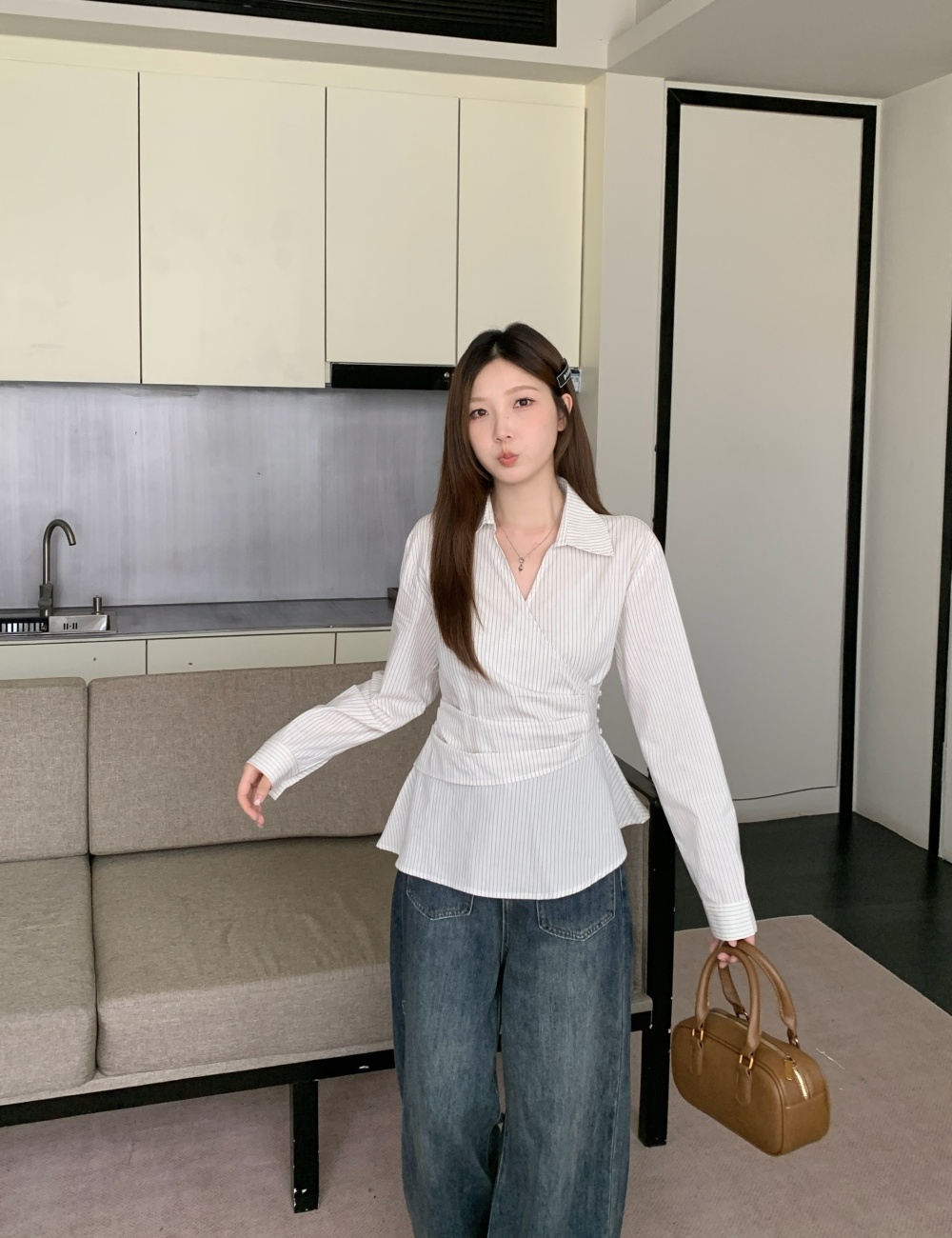 Autumn Korean style tops pinched waist stripe shirt