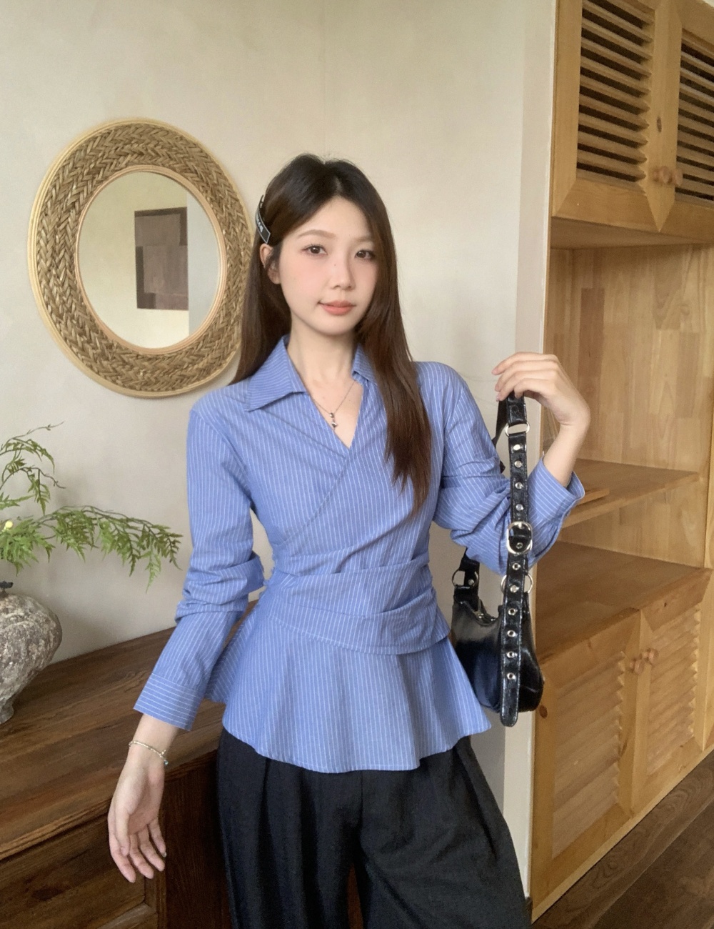 Autumn Korean style tops pinched waist stripe shirt