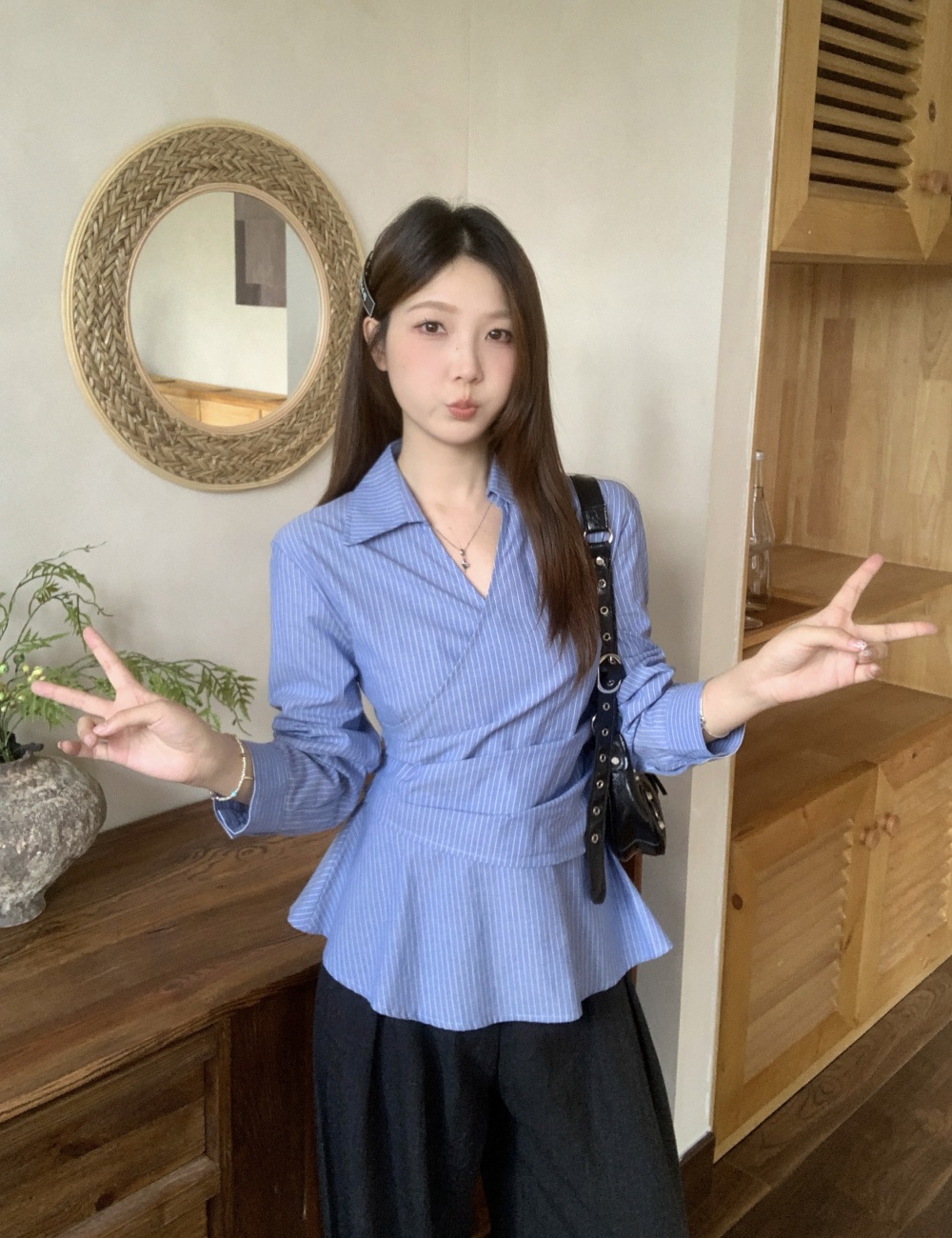 Autumn Korean style tops pinched waist stripe shirt