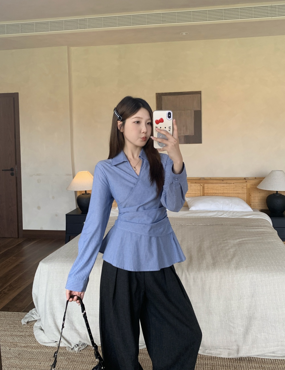Autumn Korean style tops pinched waist stripe shirt