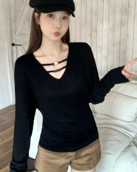 Slim V-neck beads tops large yard niche T-shirt