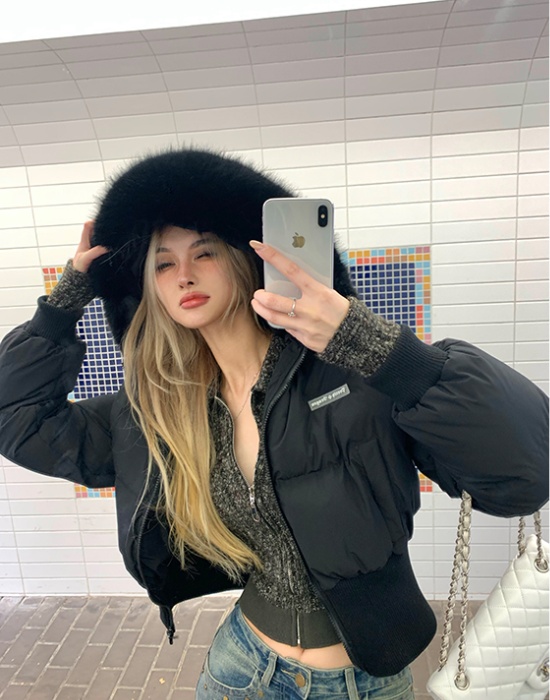 Large fur collar all-match coat short cotton coat for women