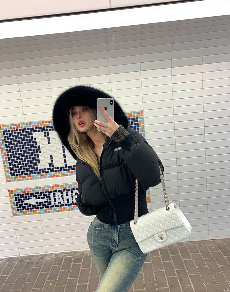 Large fur collar all-match coat short cotton coat for women