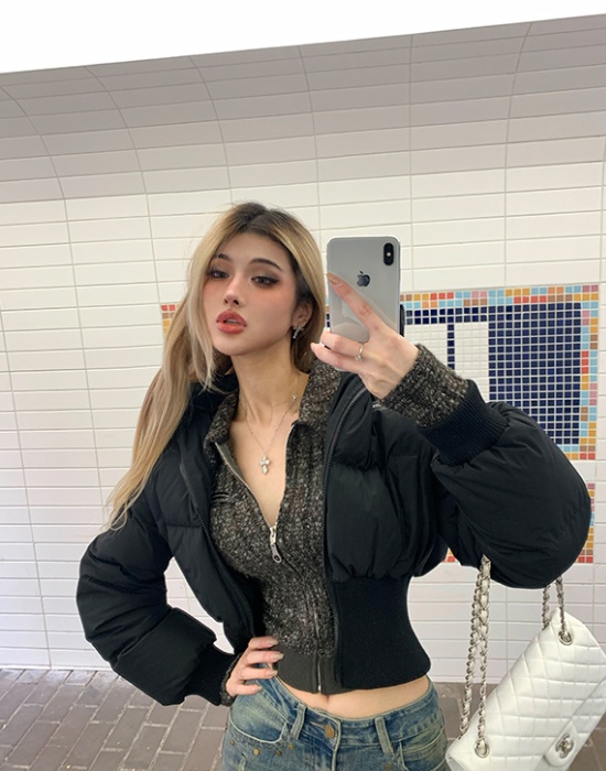 Large fur collar all-match coat short cotton coat for women