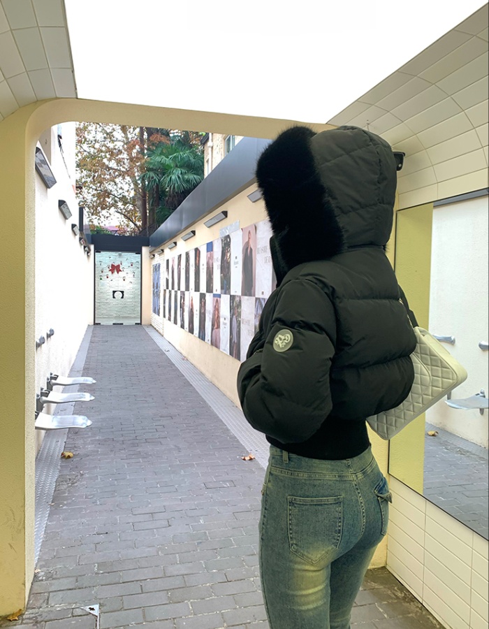 Large fur collar all-match coat short cotton coat for women