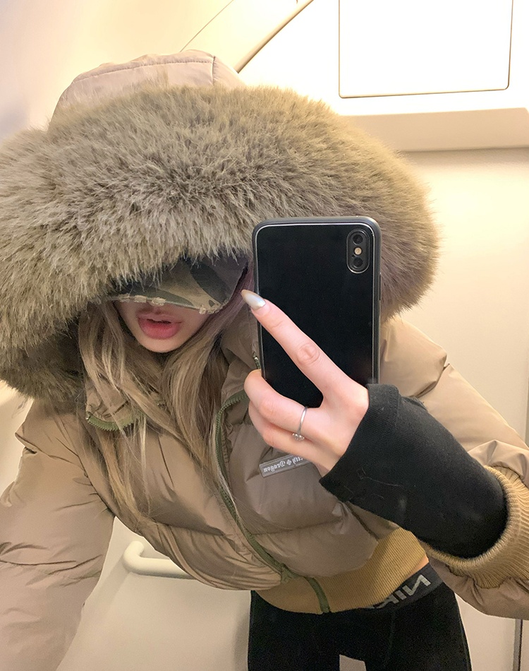 Large fur collar all-match coat short cotton coat for women