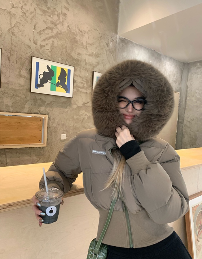 Large fur collar all-match coat short cotton coat for women