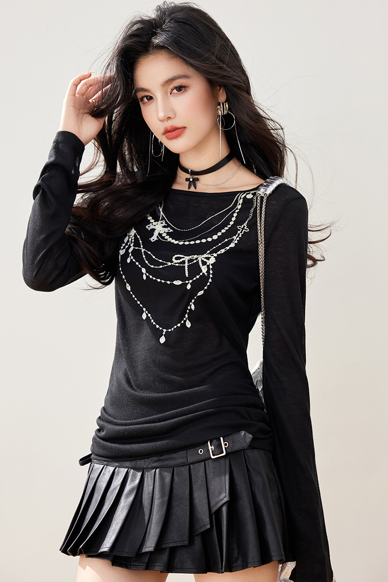Fashion printing T-shirt low round neck bottoming shirt