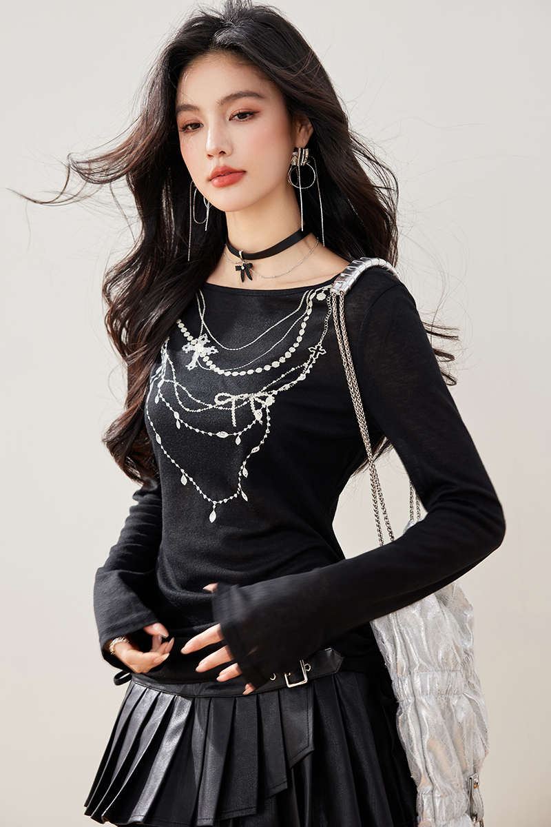 Fashion printing T-shirt low round neck bottoming shirt