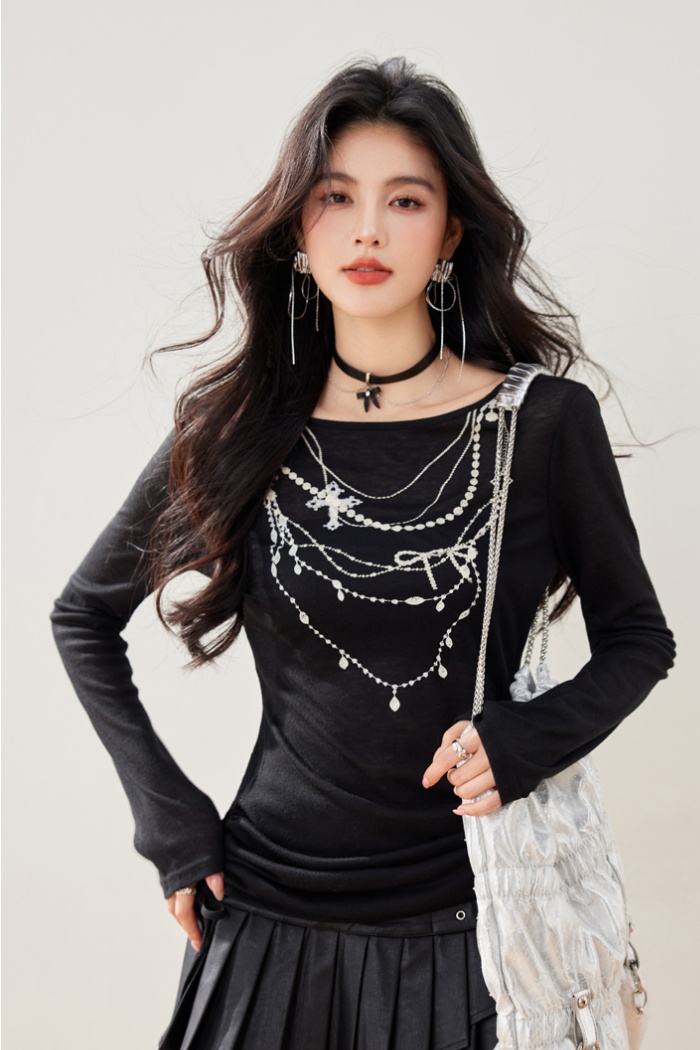 Fashion printing T-shirt low round neck bottoming shirt
