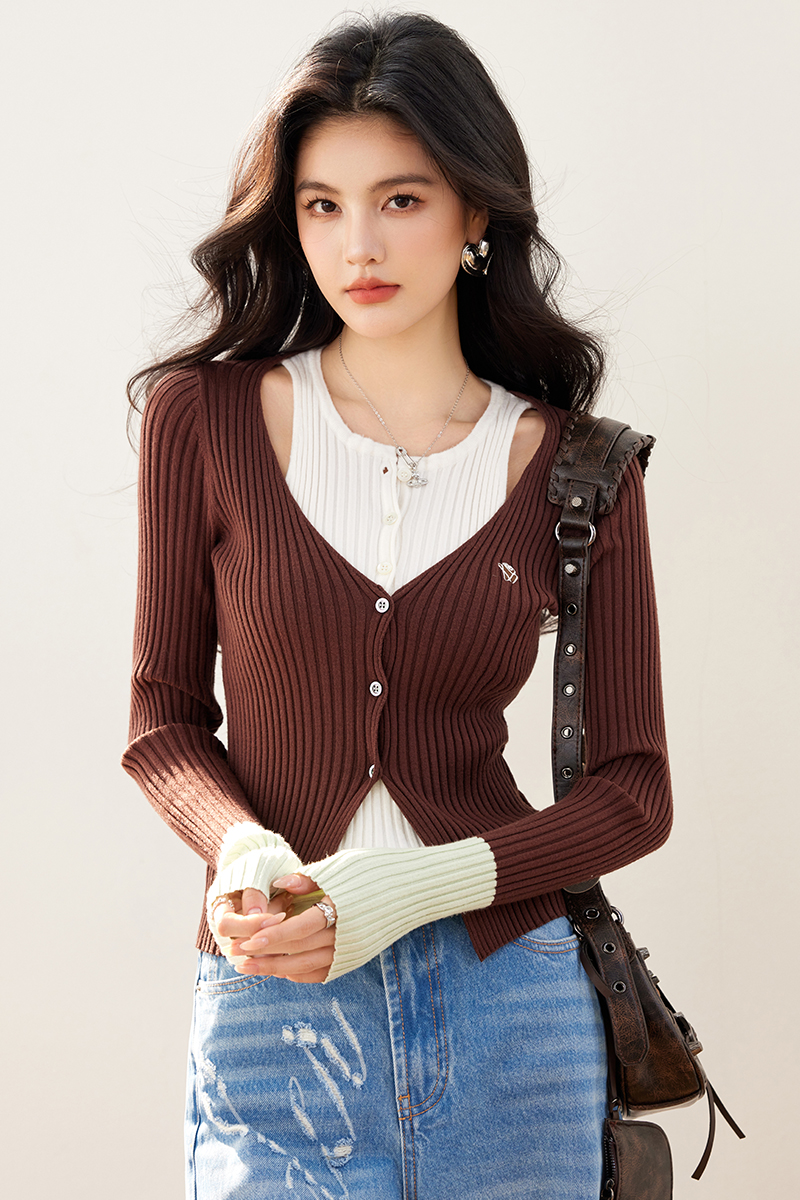 Fashion splice mixed colors tops spring short sweater