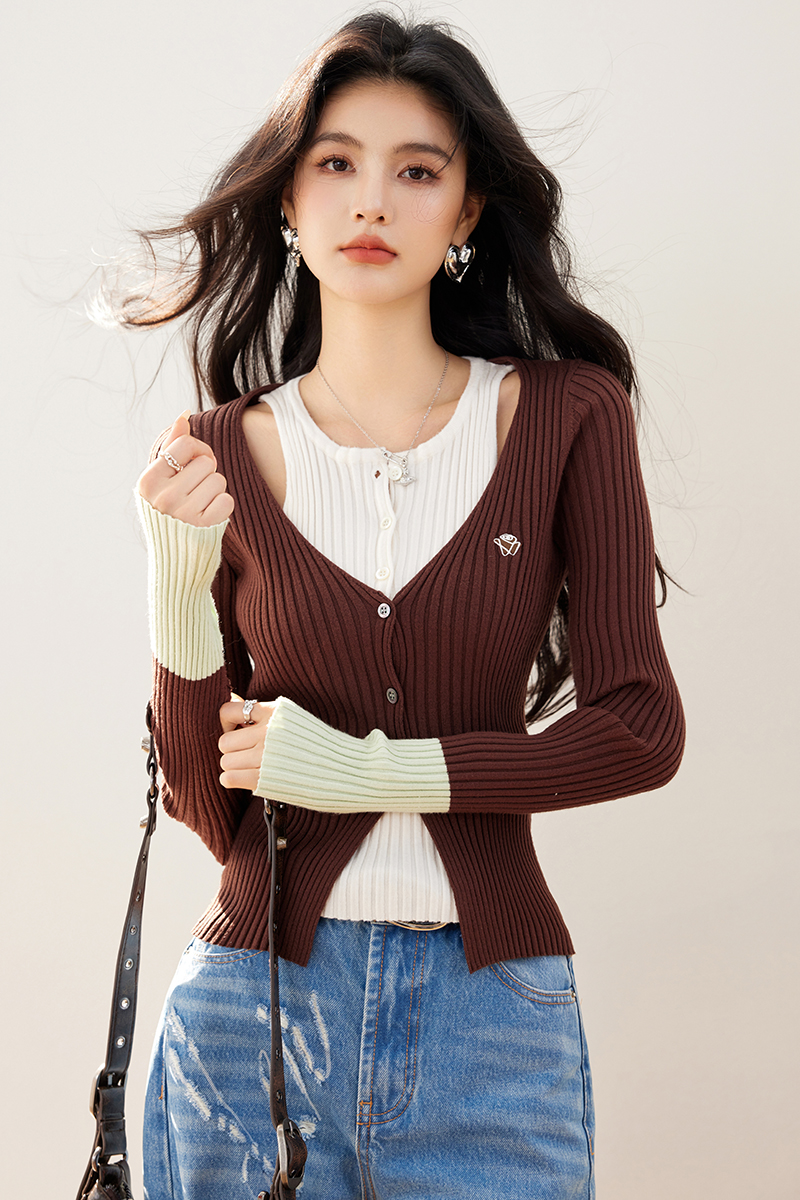 Fashion splice mixed colors tops spring short sweater