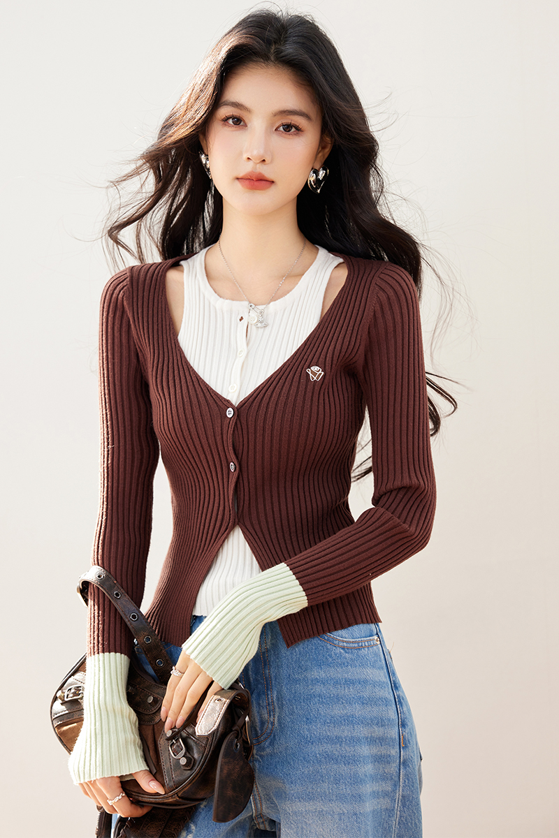 Fashion splice mixed colors tops spring short sweater