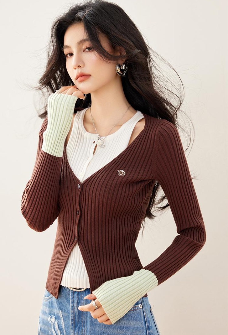 Fashion splice mixed colors tops spring short sweater