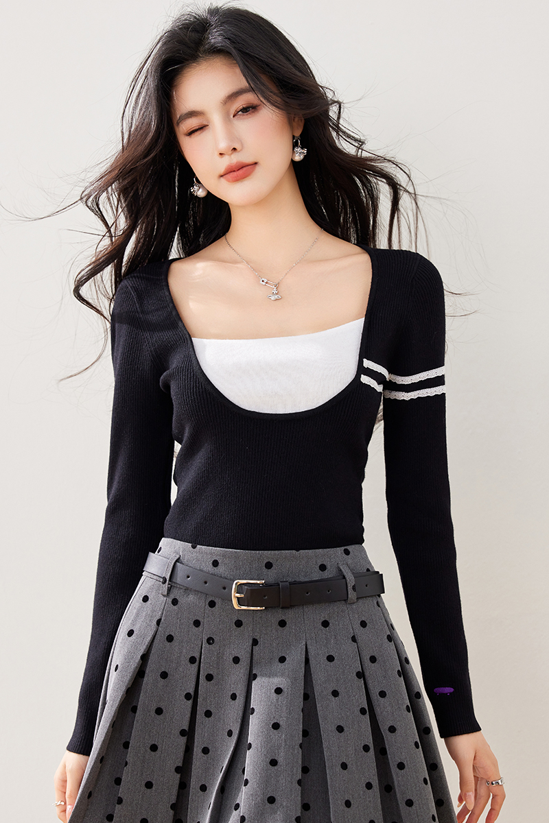 France style long sleeve T-shirt lace tops for women