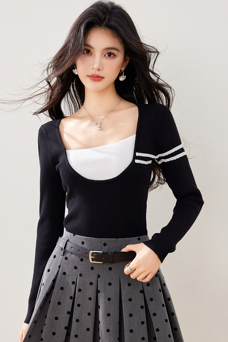 France style long sleeve T-shirt lace tops for women
