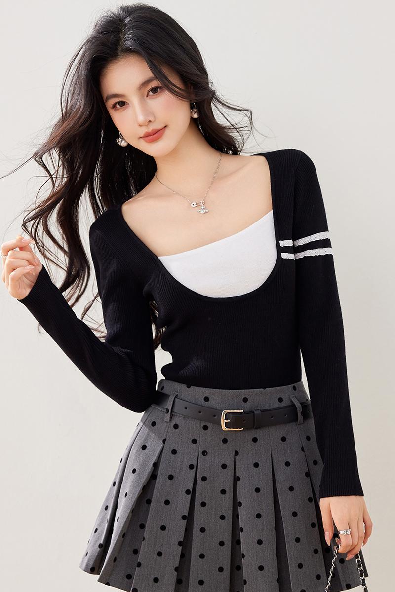 France style long sleeve T-shirt lace tops for women