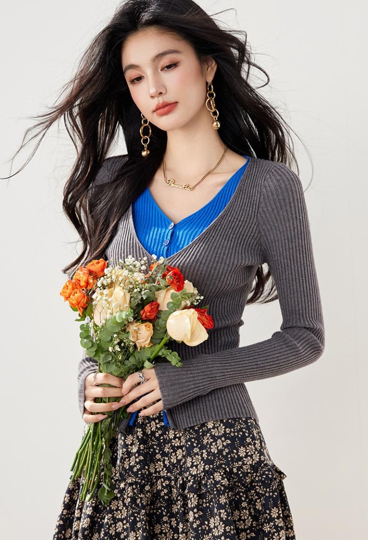Knitted cozy gray V-neck Pseudo-two cardigan