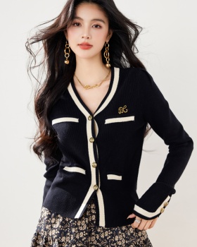 Knitted puff sleeve sweater slit mixed colors cardigan