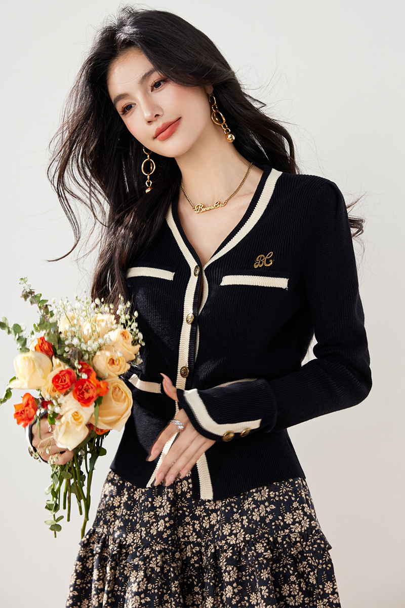 Knitted puff sleeve sweater slit mixed colors cardigan