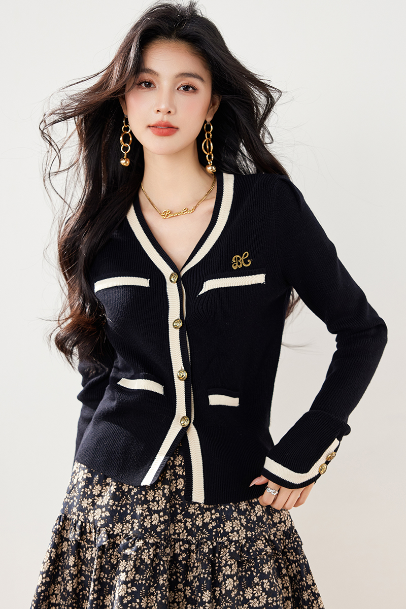 Knitted puff sleeve sweater slit mixed colors cardigan