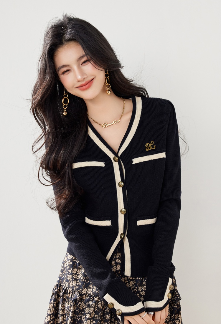 Knitted puff sleeve sweater slit mixed colors cardigan