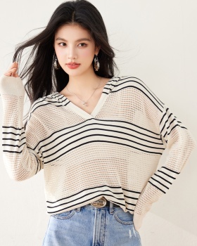 All-match stripe hooded shirts fashion long sleeve loose hat