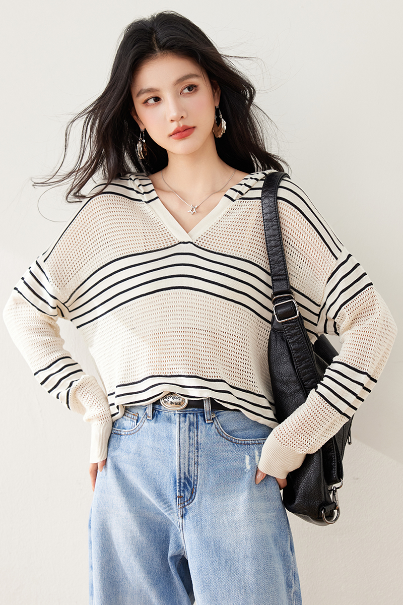 All-match stripe hooded shirts fashion long sleeve loose hat