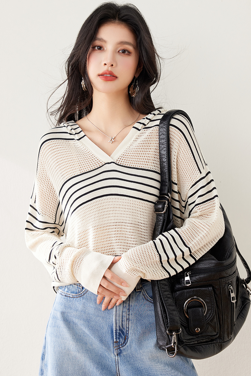 All-match stripe hooded shirts fashion long sleeve loose hat