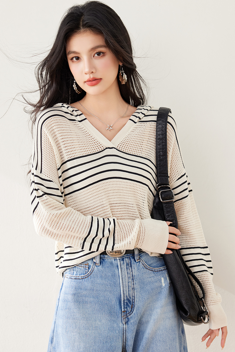 All-match stripe hooded shirts fashion long sleeve loose hat