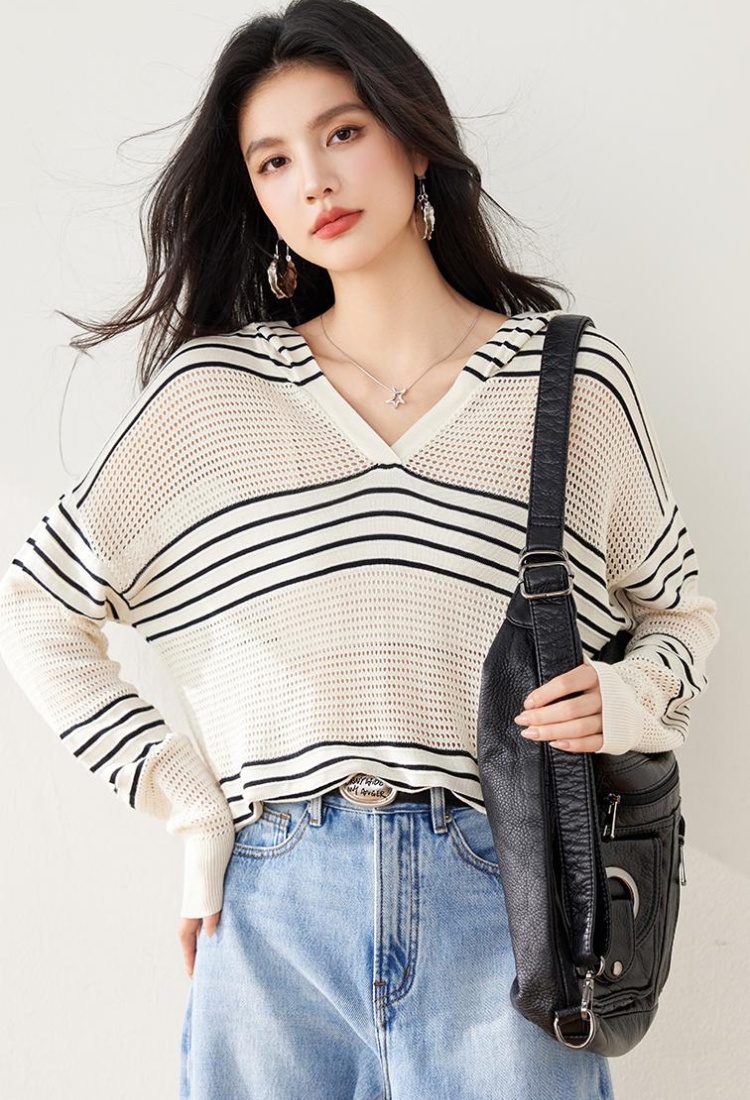 All-match stripe hooded shirts fashion long sleeve loose hat