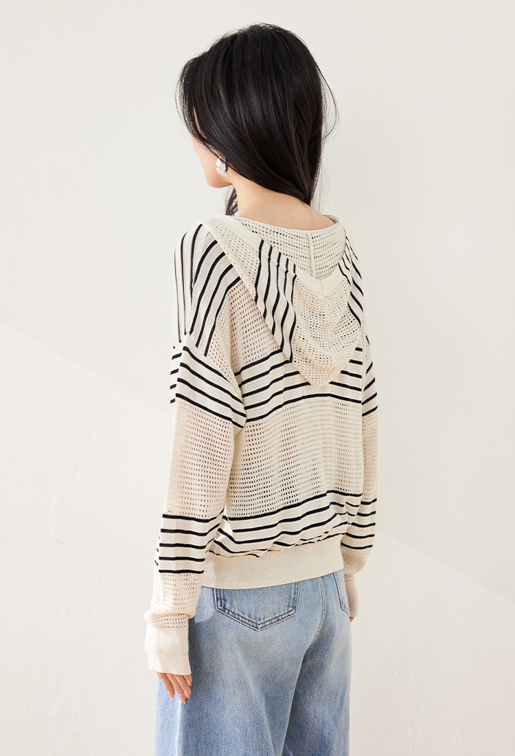 All-match stripe hooded shirts fashion long sleeve loose hat