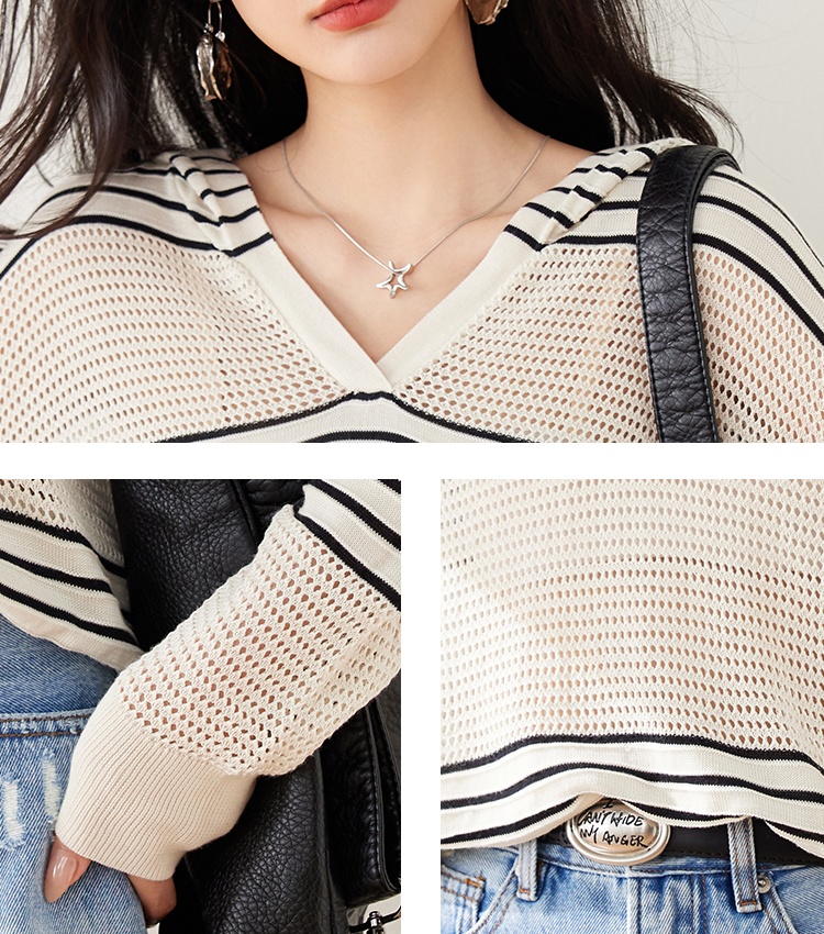 All-match stripe hooded shirts fashion long sleeve loose hat