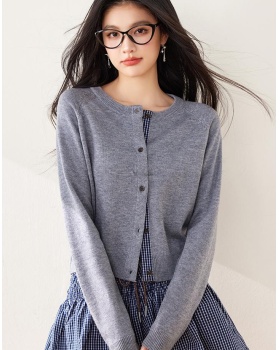 Wool raglan sleeve splice knitted round neck cardigan