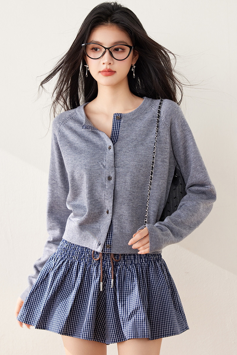 Wool raglan sleeve splice knitted round neck cardigan